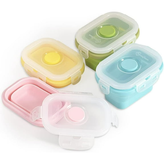 Collapsible Silicone Food Storage Container, Portion Control Container with Clip-on Lid, Stackable, Space Saving,Microwave/Fridge/Freezer/Dishwasher Safe, 5 Oz, Pack of 4