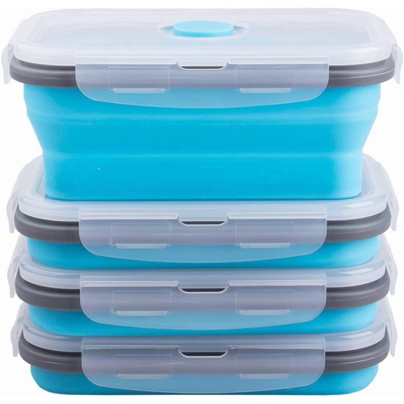 Collapsible Silicone Food Storage Containers with Airtight Lids & Air Vents, 16.9 oz, Stackable Meal Prep Containers for Leftovers, Microwave Freezer Dishwasher Safe, Blue, Set of 4