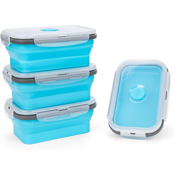 Collapsible Silicone Food Storage Containers Set with Lid & Air Vent,Foldable Lunch Containers(4PCS,Blue,17oz)
