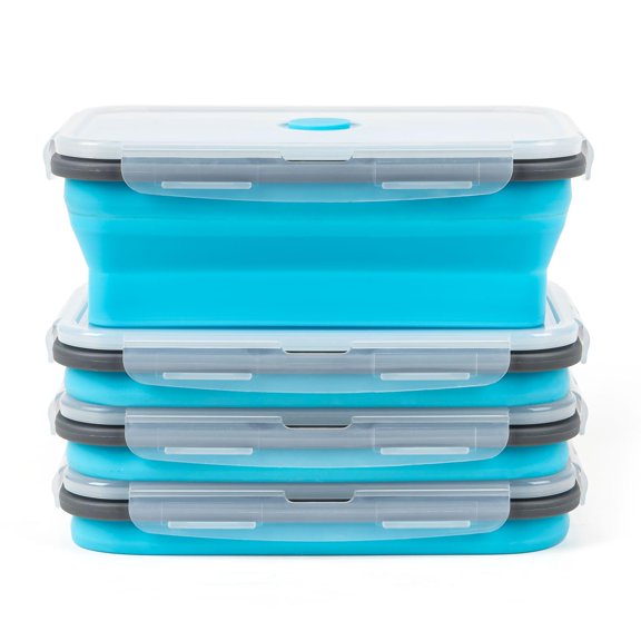 Collapsible Silicone Food Storage Containers Set with Lid & Air Vent,Foldable Lunch Containers(4PCS,Blue,40oz)