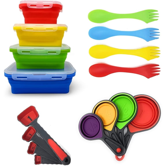 Collapsible Silicone Food Storage Containers by Silictek, Measuring Cups and Measuring Spoons | Food Grade Silicone Measurement Cup Set | Kitchen Utensils |BPA Free, Dishwasher and Freezer Safe.