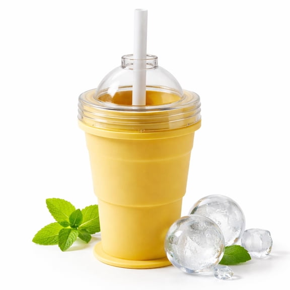 Collapsible Silicone Ice Ball Maker Cup, 2-in-1 Portable Ice Sphere Mold with Reusable Straw & Leakproof Lid, Makes 6cm Ice Balls, Foldable Travel Tumbler for Coffee, Juice, Gym, Outdoor