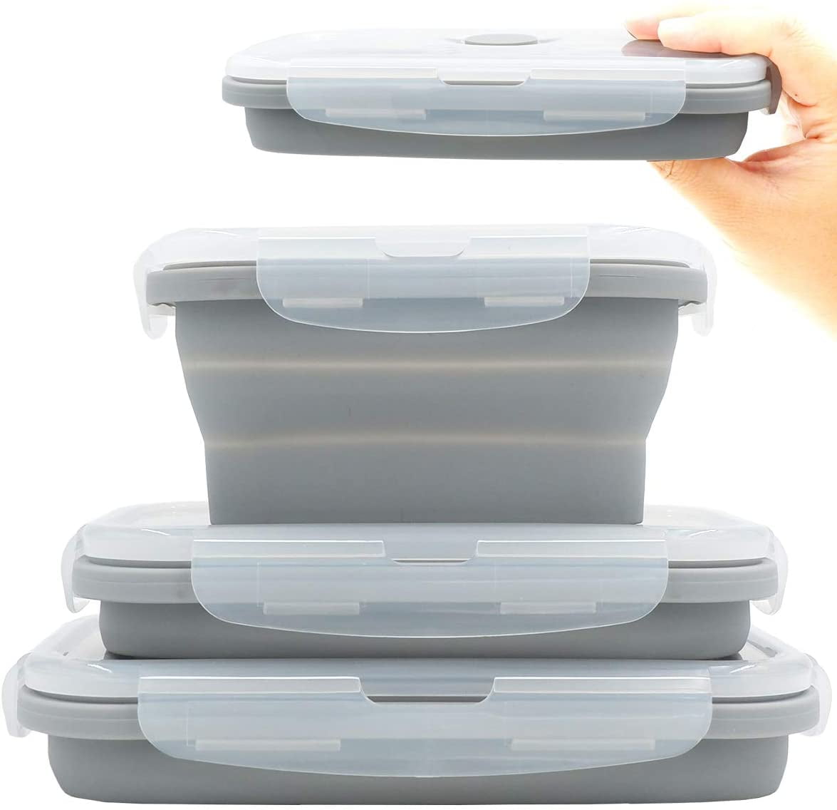 Collapsible Silicone Lunch Bento Box, Portable Food Storage Container Outdoor Picnic Box Space Saving, Microwave, Dishwasher and Freezer Safe, 3 Pcs Set (Grey)