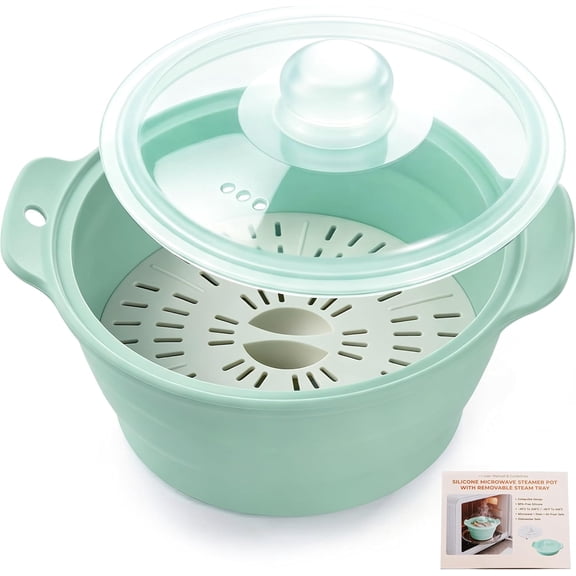 Collapsible Silicone Microwave Vegetable Steamer with Removable Steam Rack,  42oz BPA-Free Silicone Steamer for Cooking Fresh & Frozen Vegetables Dumplings Buns Prep Meal, Dishwasher Safe