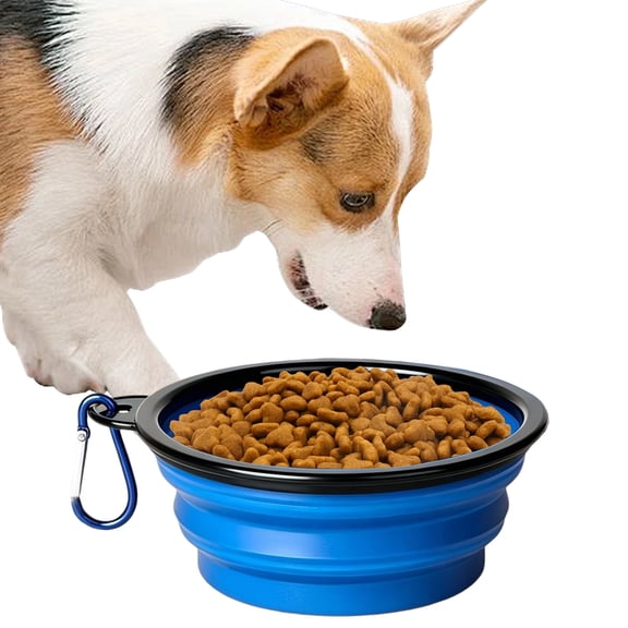 Collapsible Silicone Pet Bowl, 1000 ml Foldable Travel Water and Food Bowl with Carabiner, Blue
