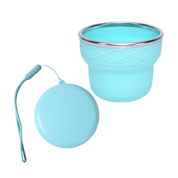 Collapsible Silicone Travel Cup with Stainless Steel Rim, Food-Grade Material for and Cold Drinks, Fun Ice Cream Cone Design for Kids and Adults