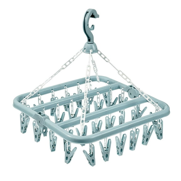 Collapsible Sock Drying Rack with 32 Clips - Multi-Functional Windproof Laundry Clothes Hanger for Socks, Underwear, Baby Clothes - Space Saving Plastic Drip Hanger for Indoor Outdoor Use,Blue