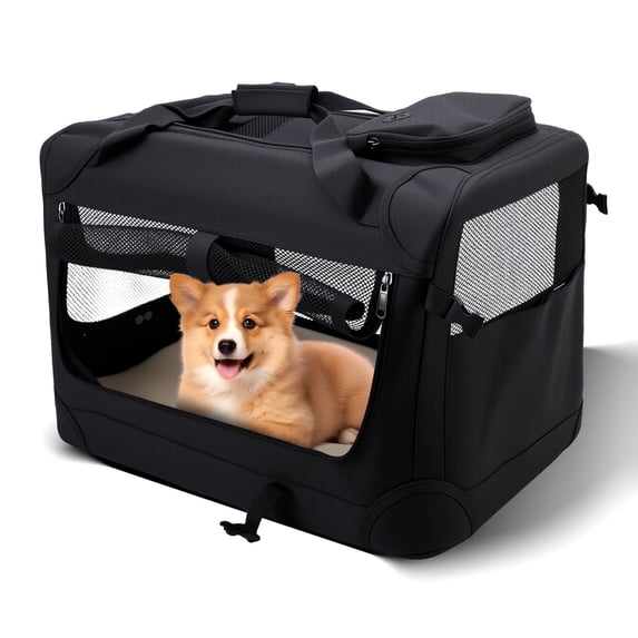 Collapsible Soft Dog Crate with Reinforced Metal Frame, 4-Door Foldable Travel Kennel for Small Dogs & Puppies, Breathable Mesh, 22lb Capacity, 20", Black