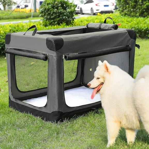 Collapsible Soft-Sided Large Dog Crate, 3 Doors Travel Kennel with Durable Chew-Proof Mesh for Outdoor Use, Gray