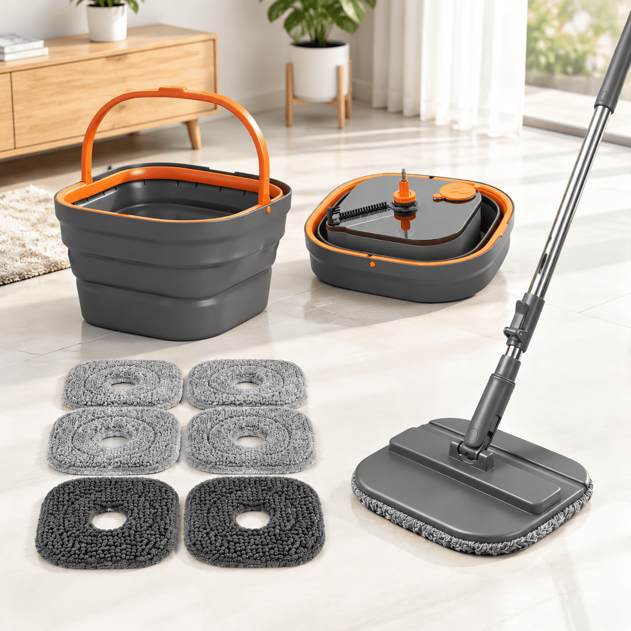 Collapsible Spin Mop and Bucket Set with Dirty-Clean Water Separation ...