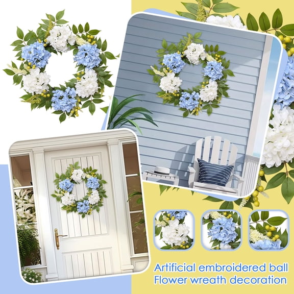 Collapsible Spring Summer Wreaths for Front Door with Light,Silk Blue White Hydrangeas Floral Wreath with Eucalyptus Leaves for Fall Home Porch Window Wedding Arch Decor-22''