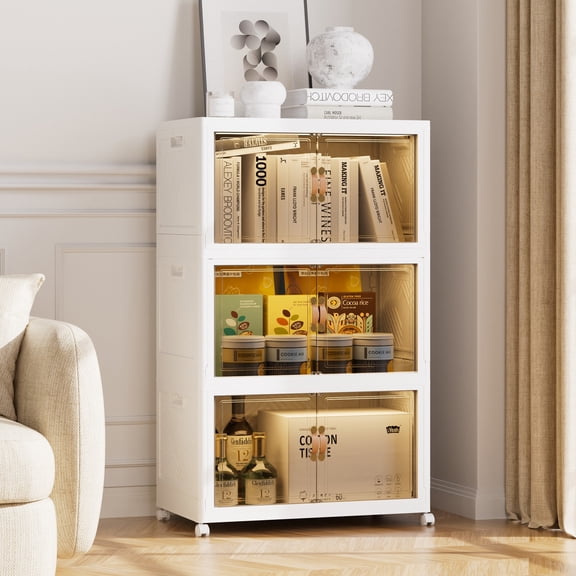Collapsible Stackable 165QT Storage Bin with Lid, 3-Pack Rolling Cabinet with Doors for Closet & Home, White, 19.7"W x 12.6"D x 34"H