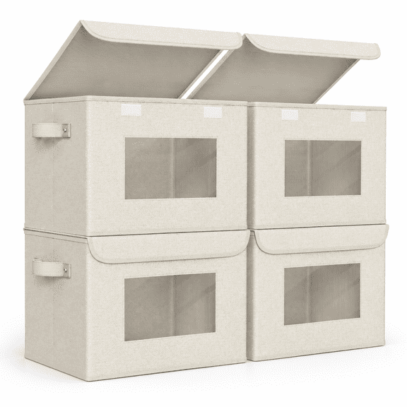 Collapsible Stackable Storbwith Lids 4 Pack Beige | 17 X 12 12 In Foldable Fabric Closet Organizer Containers And For Home Office
