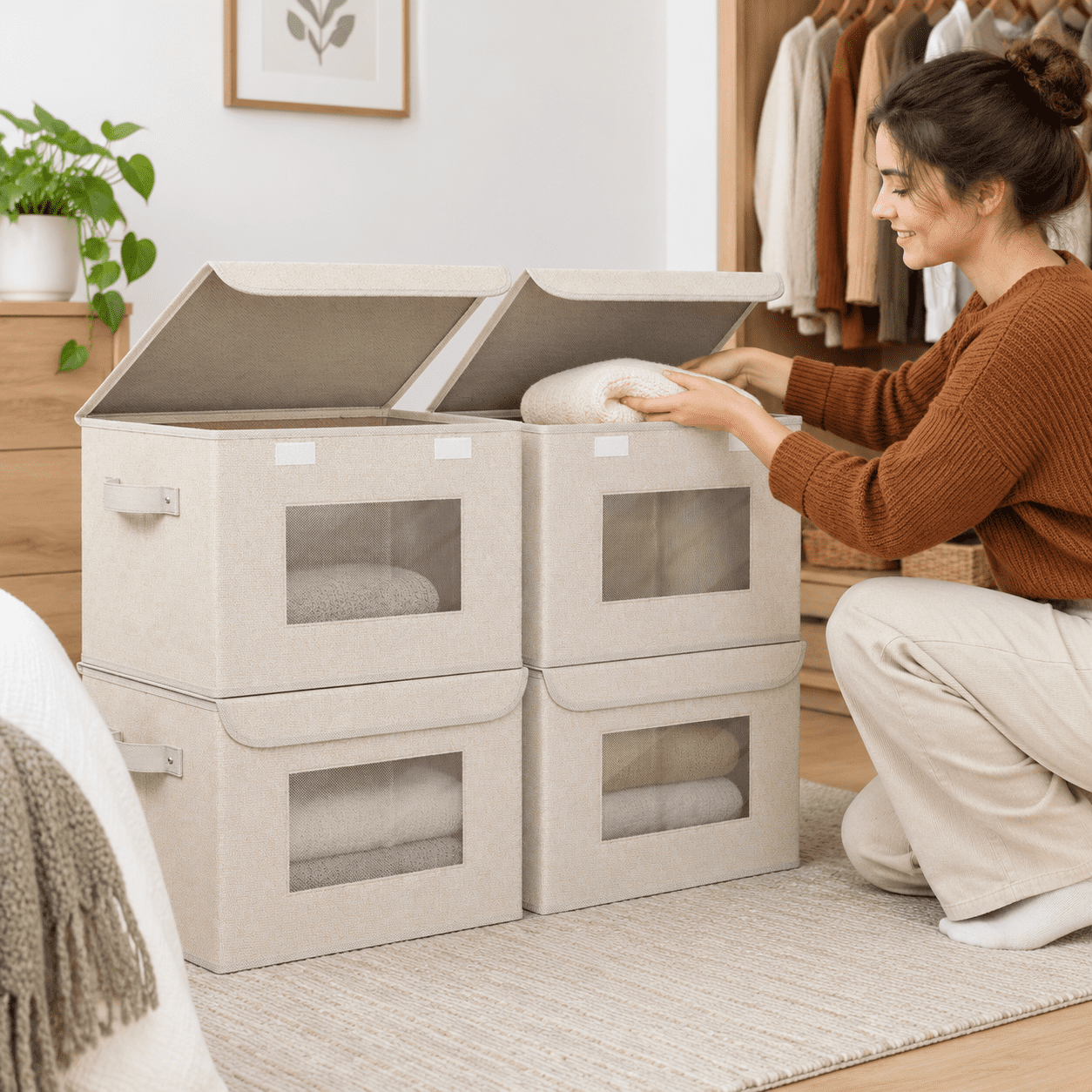 Collapsible Stackable Storbwith Lids 4 Pack Beige - Walmart.com