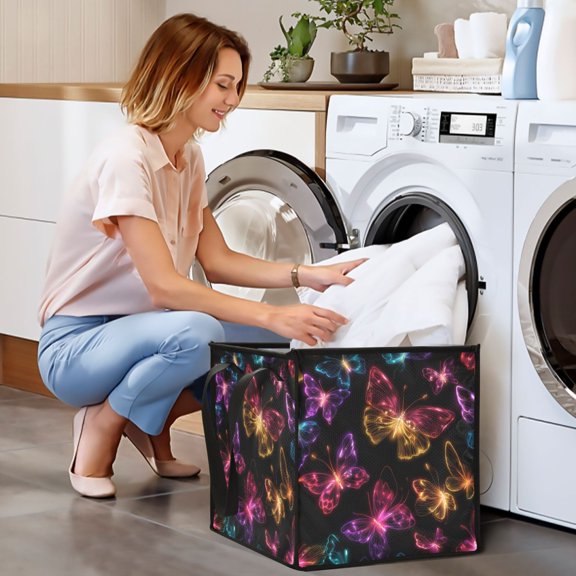 Collapsible Storage Basket Laundry Hamper Portable Organizer Bin For Home Storage Butterflies Glowing in The Dark