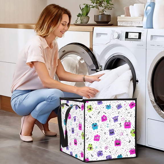 Collapsible Storage Basket Laundry Hamper Portable Organizer Bin For Home Storage Doodle Characters