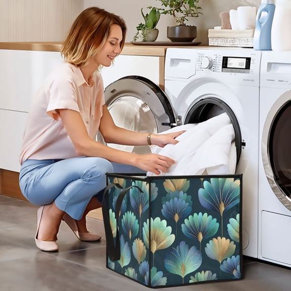 Collapsible Storage Basket Laundry Hamper Portable Organizer Bin For Home Storage Gold Foil Flowers