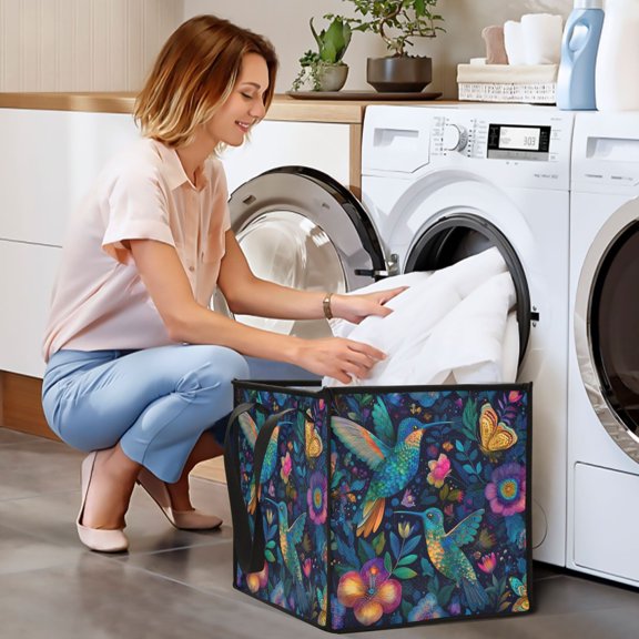 Collapsible Storage Basket Laundry Hamper Portable Organizer Bin For Home Storage Hummingbirds & Butterflies Pattern