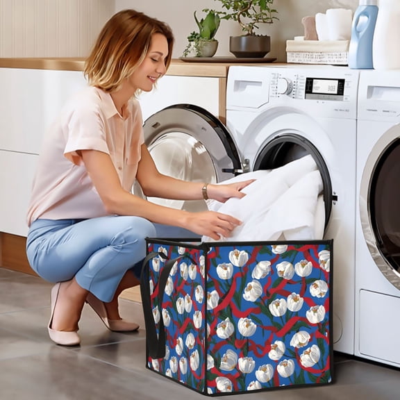 Collapsible Storage Basket Laundry Hamper Portable Organizer Bin For Home Storage Red Ribbons