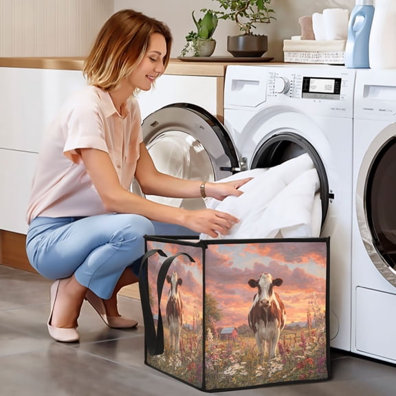 Collapsible Storage Basket Laundry Hamper Portable Organizer Bin For Home Storage White & Brown Cow