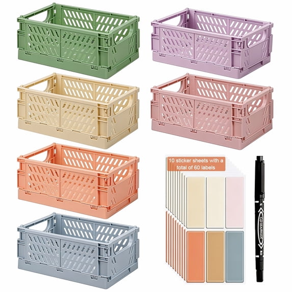 Collapsible Storage Baskets 6 Pack, Foldable Small Baskets for Desk Organizing with Labels & Marker