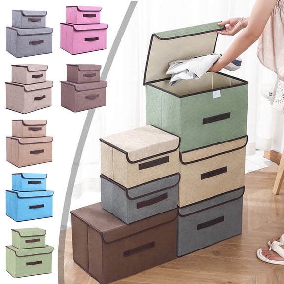 Collapsible Storage Bin 2-Pack Large and Small Foldable Fabric Box Organizer Container with Removable Lid for Toys Clothes Home Organization