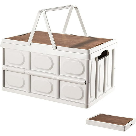 Collapsible Storage Bin with Handles and Wooden Lid, Large Capacity Stackable Utility Crates Holds 33lbs for Outdoor Home Storage Organizing Moving (55L/14.5Gal)