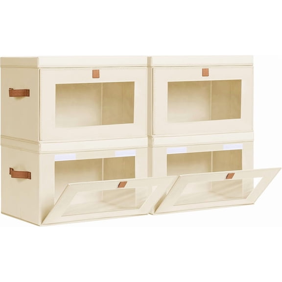 Collapsible Storage Bin with Front Opening and Clear Window Large 4 Pack Beige