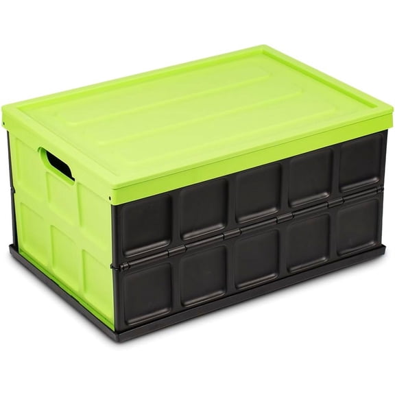 Collapsible Storage Bin with Lid - 48L Foldable Plastic Box for Garage, Car Trunk, and Organization - Stackable Lidded Container with Handles, Green