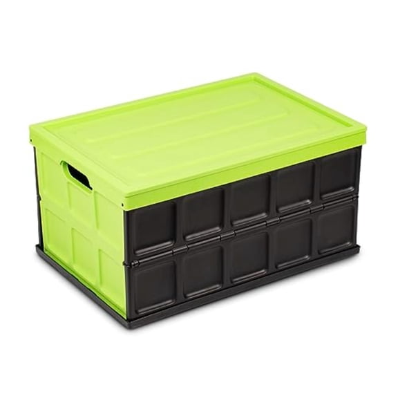 Collapsible Storage Bin with Lid - 48L Foldable Plastic Box for Garage Car Trunk and Organization - Stackable Lidded Container with Handles Green