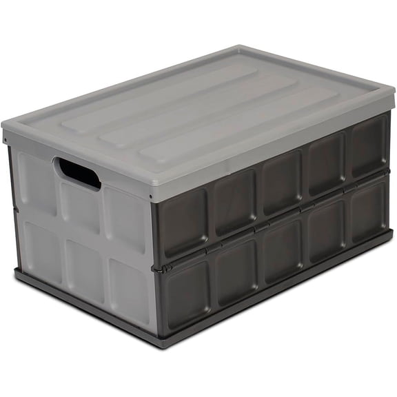 Collapsible Storage Bin with Lid - 48L Foldable Plastic Box for Garage, Car Trunk, and Organization - Stackable Lidded Container with Handles, Grey