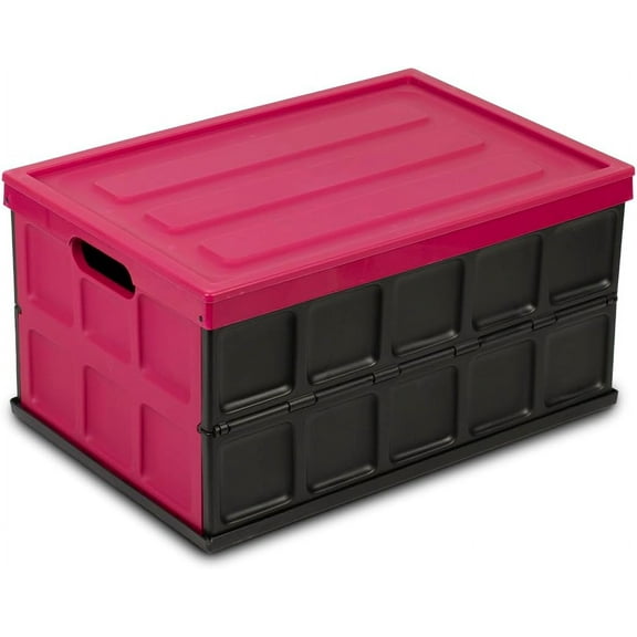 Collapsible Storage Bin with Lid - 48L Foldable Plastic Box for Garage, Car Trunk, and Organization - Stackable Lidded Container with Handles, Purple