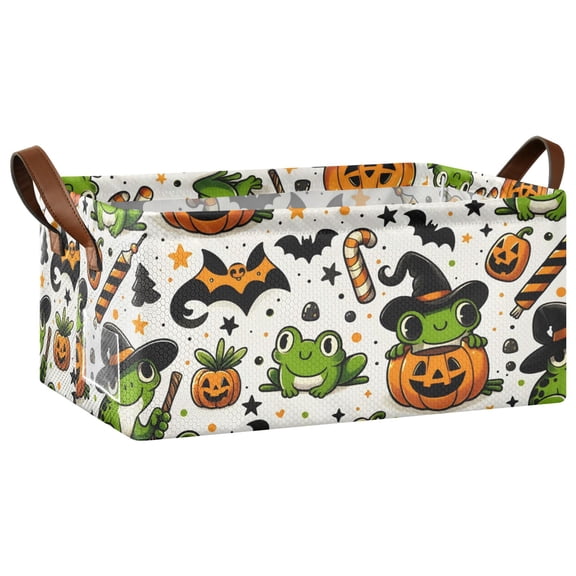 Collapsible Storage Bins Fabric Shelf Baskets with Handles 16.9"x11.4"x7.7" Closet Organizer Halloween Frogs Pumpkin Candy
