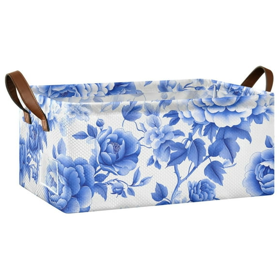 Collapsible Storage Bins Fabric Shelf Baskets with Handles Closet Organizer Blue White Porcelain with Roses 16.9x11.4x7.7