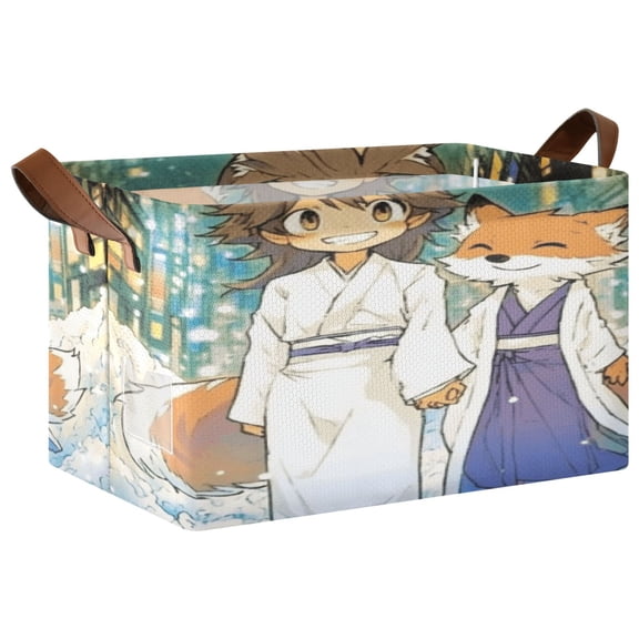 Collapsible Storage Bins Fabric Shelf Baskets with Handles Closet Organizer Cartoon Fox on Street 16.9x11.4x10