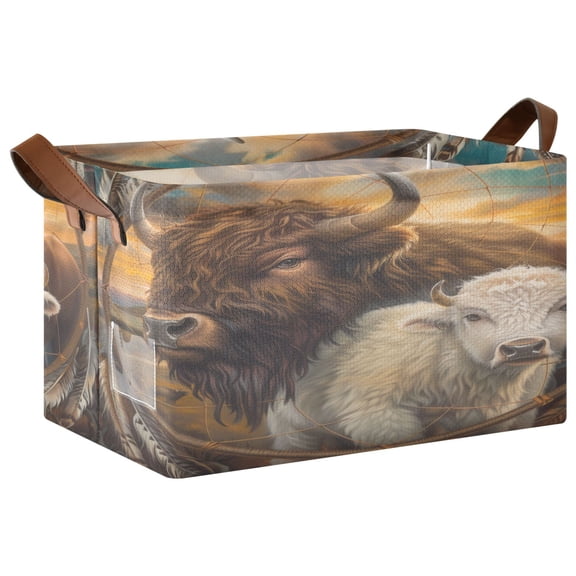 Collapsible Storage Bins Fabric Shelf Baskets with Handles Closet Organizer Cattle with Feathers 16.9x11.4x10