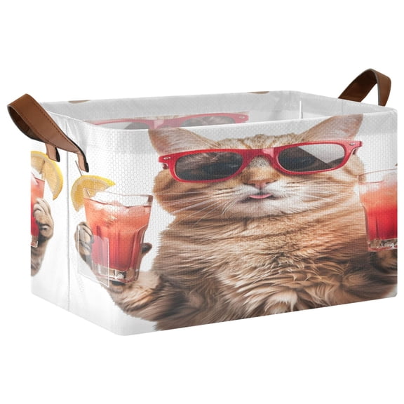 Collapsible Storage Bins Fabric Shelf Baskets with Handles Closet Organizer Cool Cat with Drinks 16.9x11.4x10