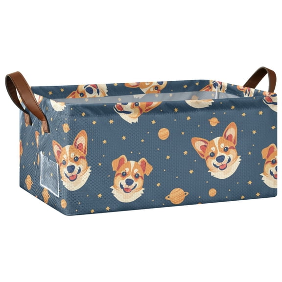 Collapsible Storage Bins Fabric Shelf Baskets with Handles Closet Organizer Corgi Dog and Planet 16.9x11.4x7.7
