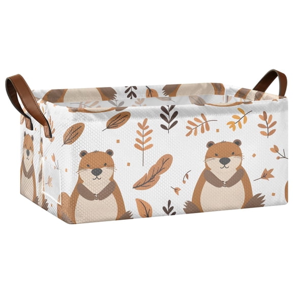 Collapsible Storage Bins Fabric Shelf Baskets with Handles Closet Organizer Cute Beaver and Leaf 16.9x11.4x7.7