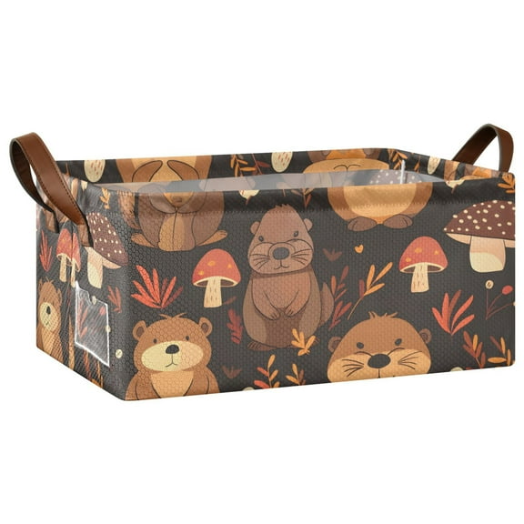 Collapsible Storage Bins Fabric Shelf Baskets with Handles Closet Organizer Cute Beaver and Mushroom 16.9x11.4x7.7