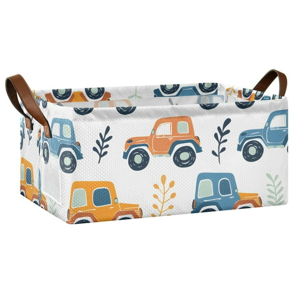 Collapsible Storage Bins Fabric Shelf Baskets with Handles Closet Organizer Cute Car and Leaf 16.9x11.4x7.7