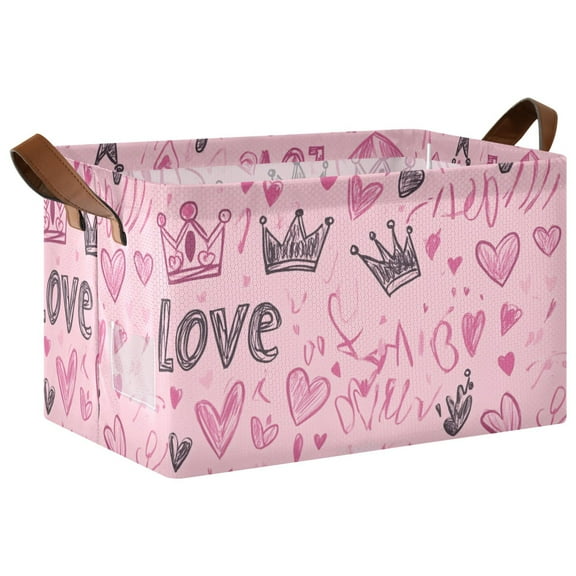 Collapsible Storage Bins Fabric Shelf Baskets with Handles Closet Organizer Doodle Love Hearts Crowns 16.9x11.4x10