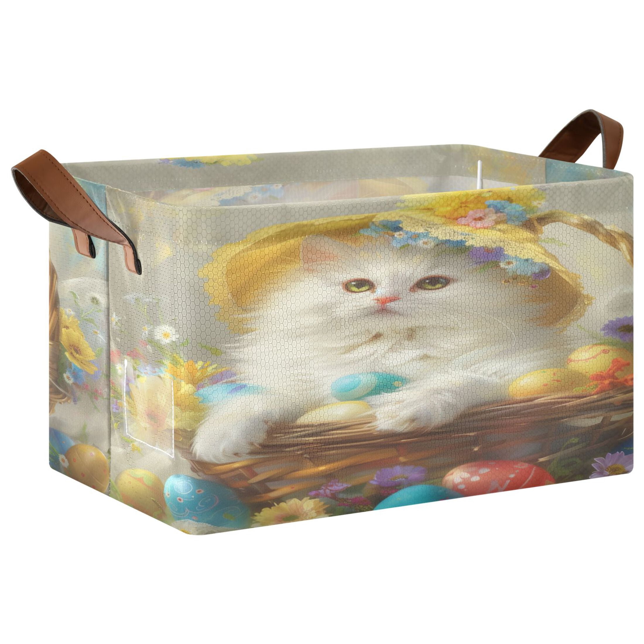 Collapsible Storage Bins Fabric Shelf Baskets with Handles Closet Organizer Easter Egg with Cat 16.9x11.4x10