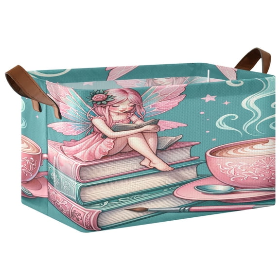 Collapsible Storage Bins Fabric Shelf Baskets with Handles Closet Organizer Fairy Sitting Book and Coffee 16.9x11.4x10
