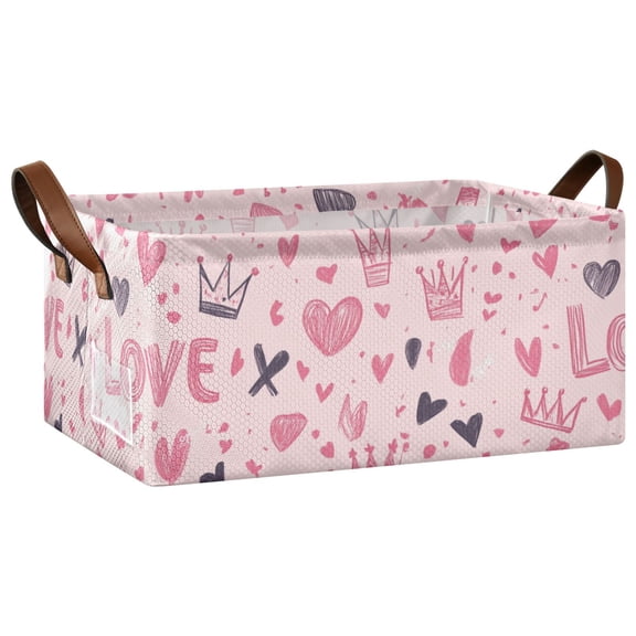 Collapsible Storage Bins Fabric Shelf Baskets with Handles Closet Organizer Hand-drawn Crowns and Love Hearts 16.9x11.4x7.7