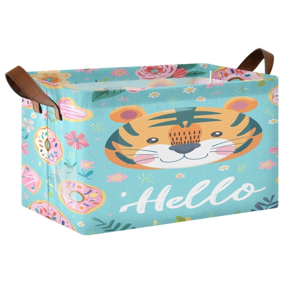 Collapsible Storage Bins Fabric Shelf Baskets with Handles Closet Organizer Hello Tiger Face 16.9x11.4x10