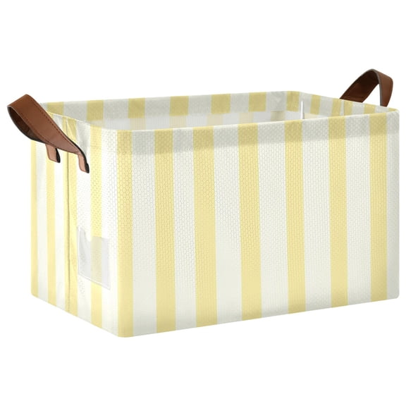 Collapsible Storage Bins Fabric Shelf Baskets with Handles Closet Organizer Light Yellow and Off-white Striped 16.9x11.4x10