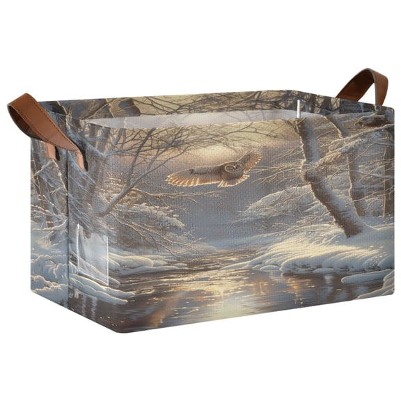 Collapsible Storage Bins Fabric Shelf Baskets with Handles Closet Organizer Owl Fly in Winter Forest 16.9x11.4x10