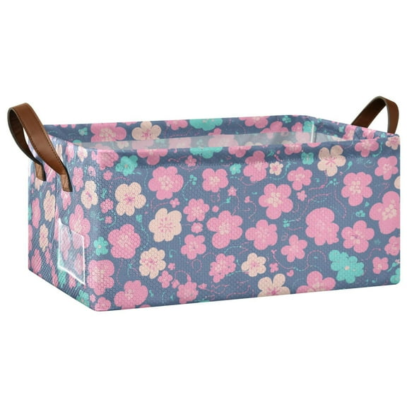 Collapsible Storage Bins Fabric Shelf Baskets with Handles Closet Organizer Pink Teal Small Flowers 16.9x11.4x7.7