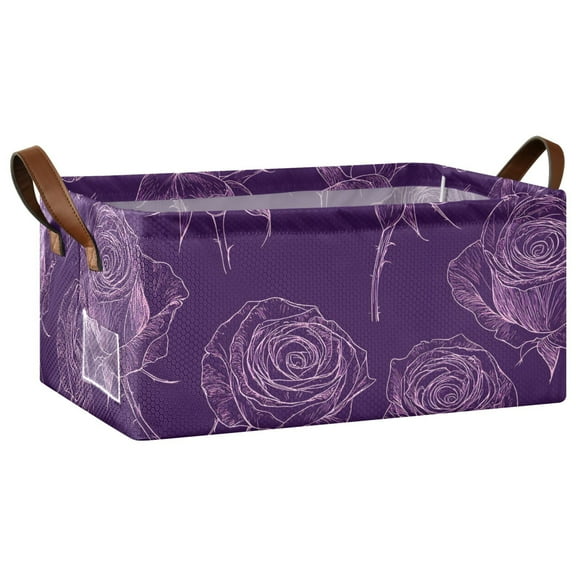 Collapsible Storage Bins Fabric Shelf Baskets with Handles Closet Organizer Purple Rose Line Art 16.9x11.4x7.7